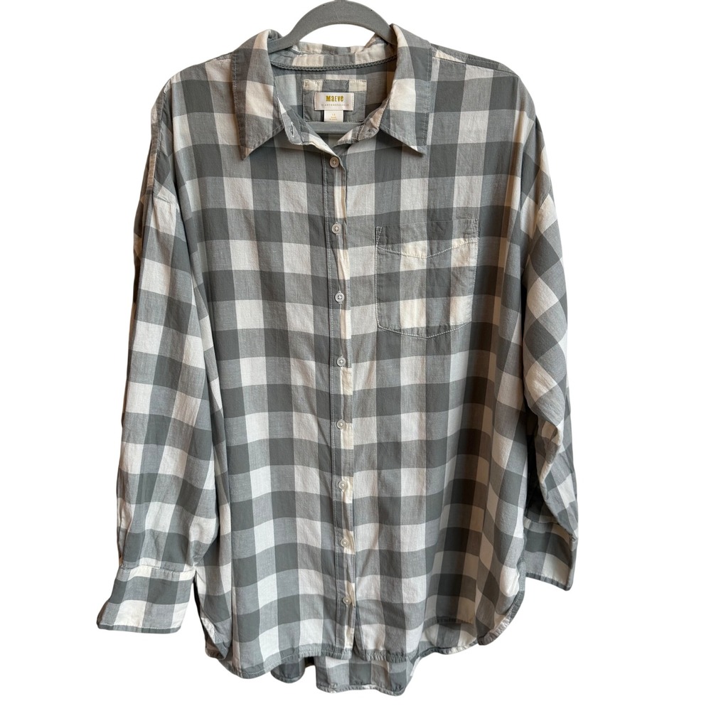 Maeve Anthropologie Plaid Button Down Shirt Women 1X Grey White Cotton Oversized